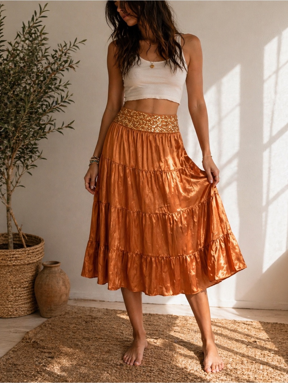 Apollo Copper Satin Sequin Midi Skirt Large Boho Festival Indie